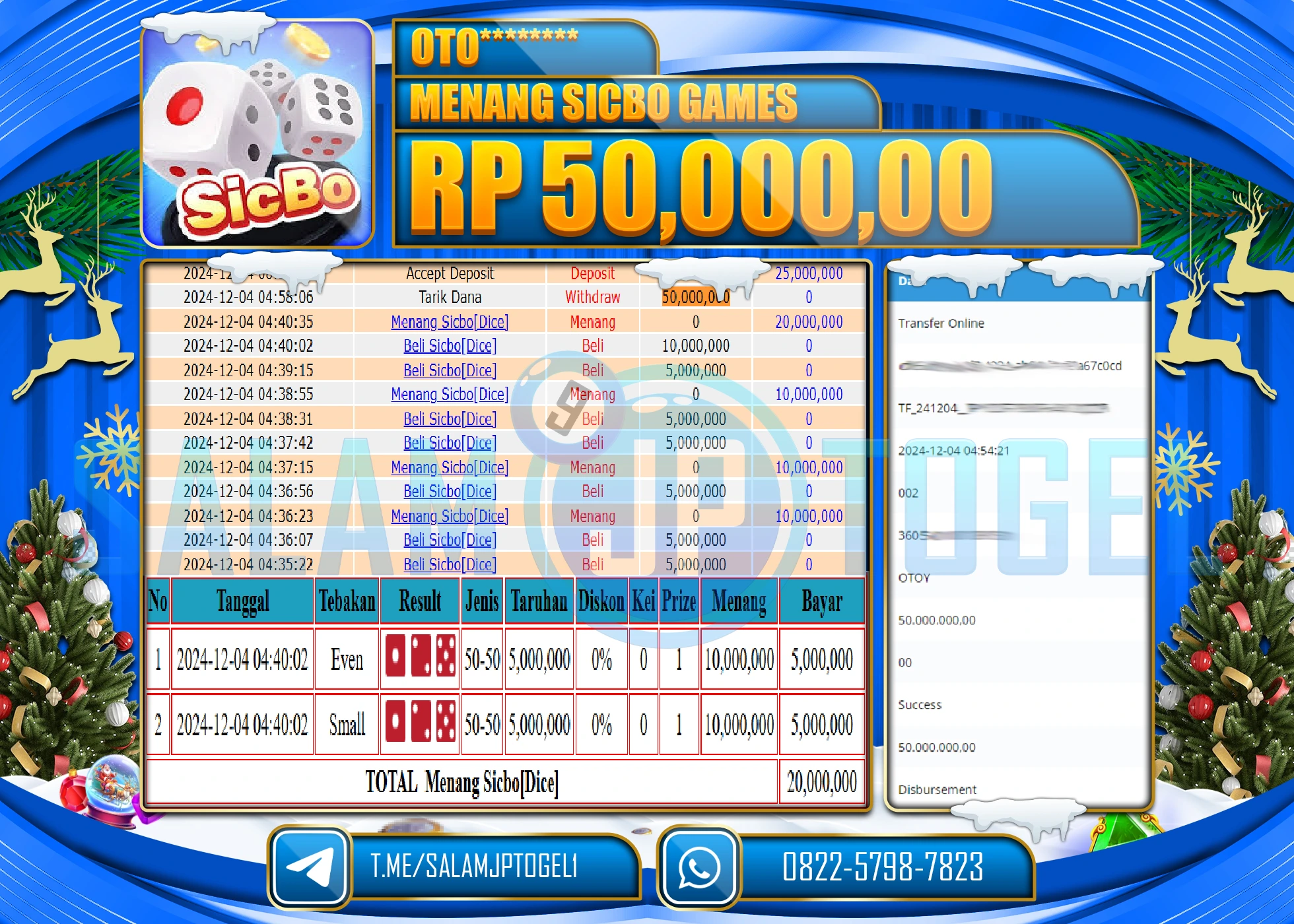 SALAMJPTOGEL MENANG LIVEGAME SICBO GAMES RP. 50,000,000 LUNAS