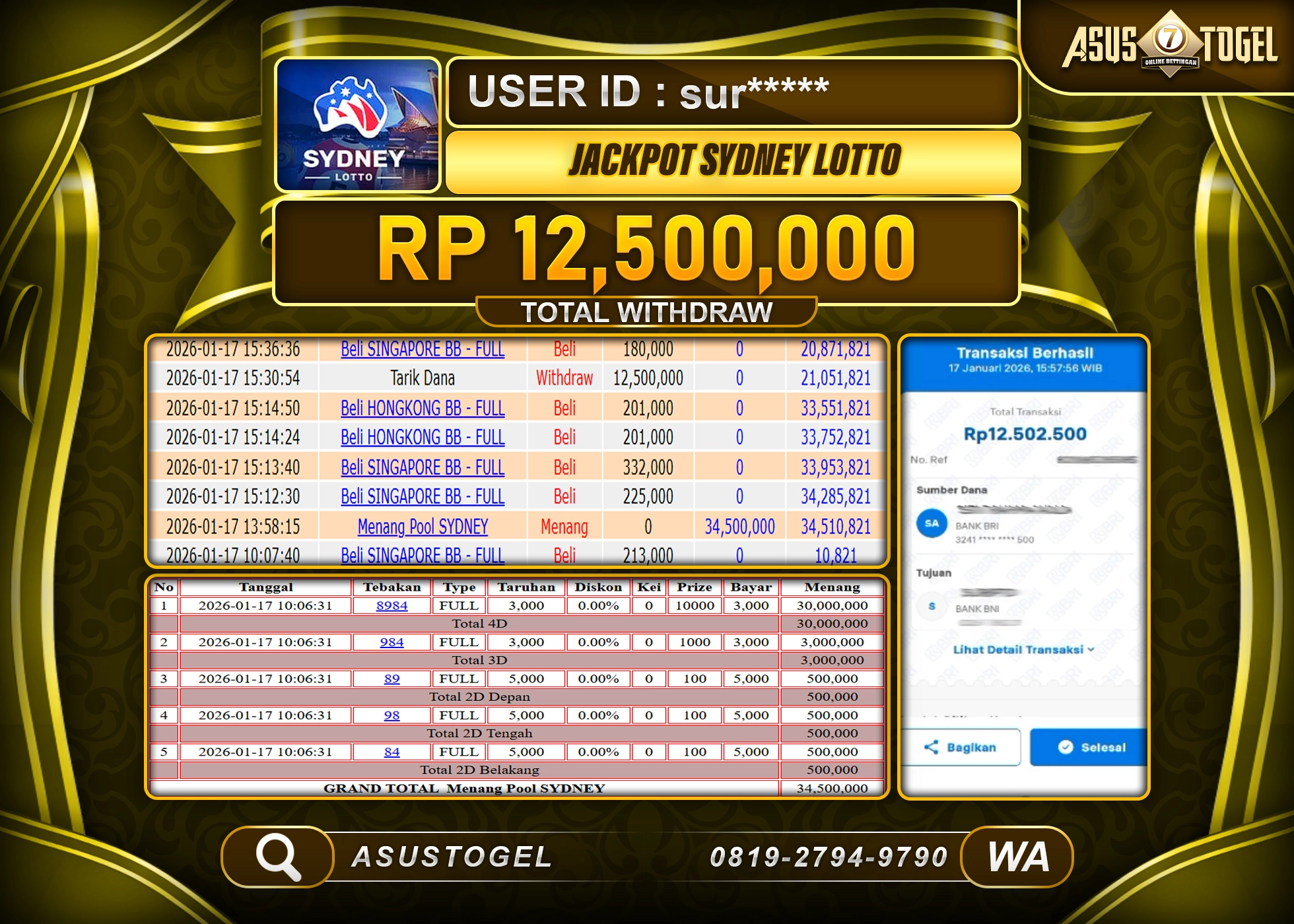 ASUSTOGEL KEMENANGAN DI TOGEL SYDNEY LOTTO SEBESAR 12,500,000 - RUPIAH LUNAS