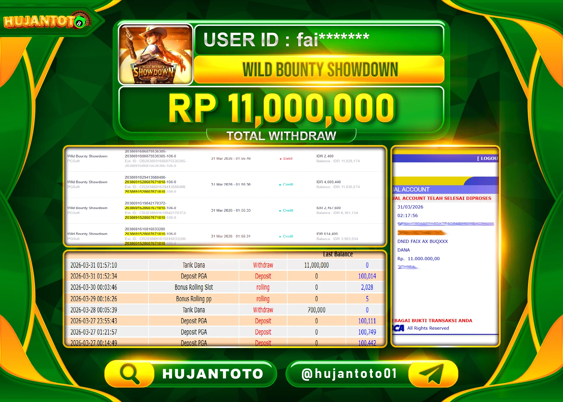 HUJANTOTO - BUKTI JACKPOT MENANG SLOT WILD BOUNTY SHOWDOWN Rp.11,000,000 - TERBAYAR LUNAS