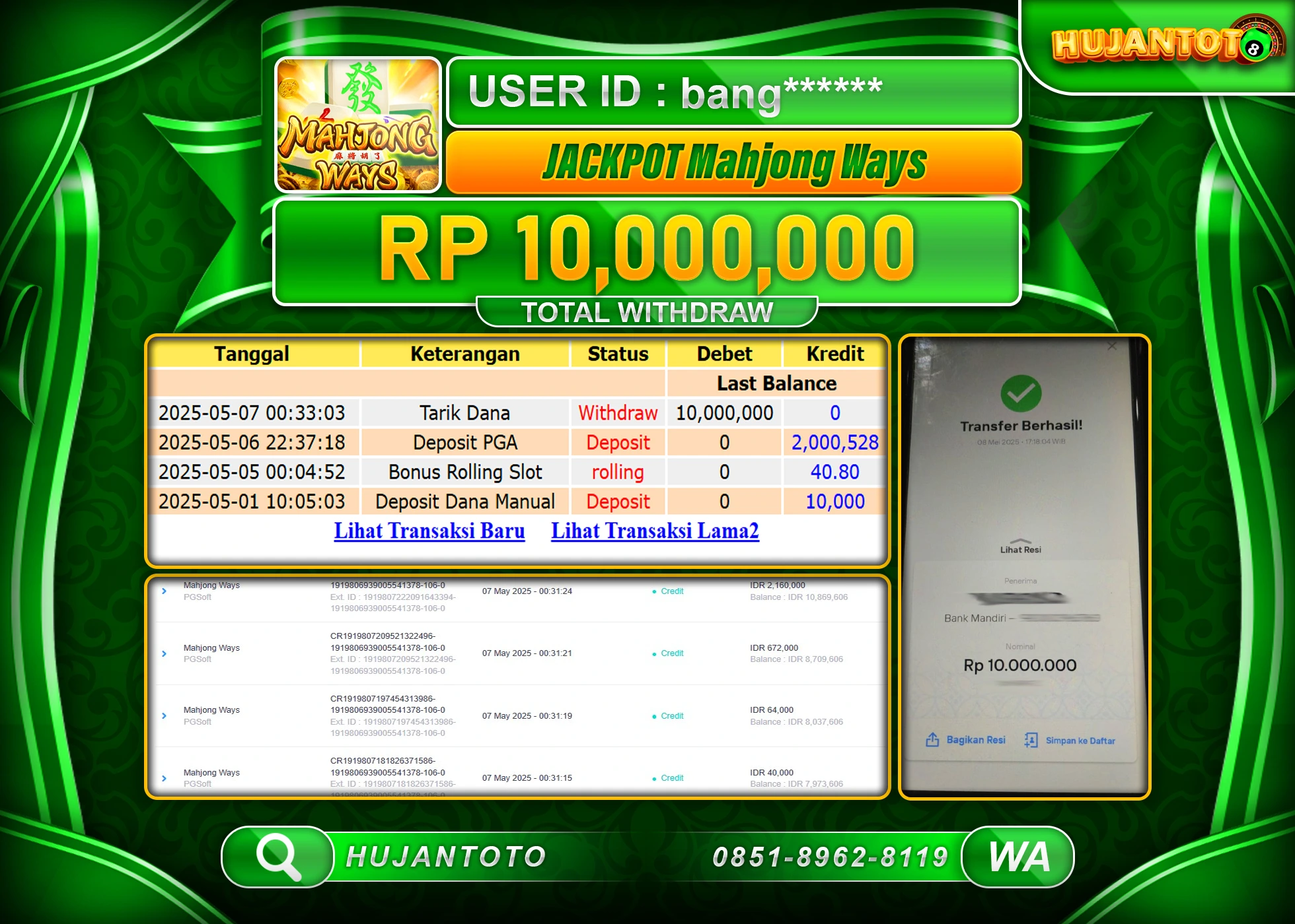HUJANTOTO - BUKTI JACKPOT MENANG SLOT MAHJONG WAYS Rp,10,000,000 - TERBAYAR LUNAS