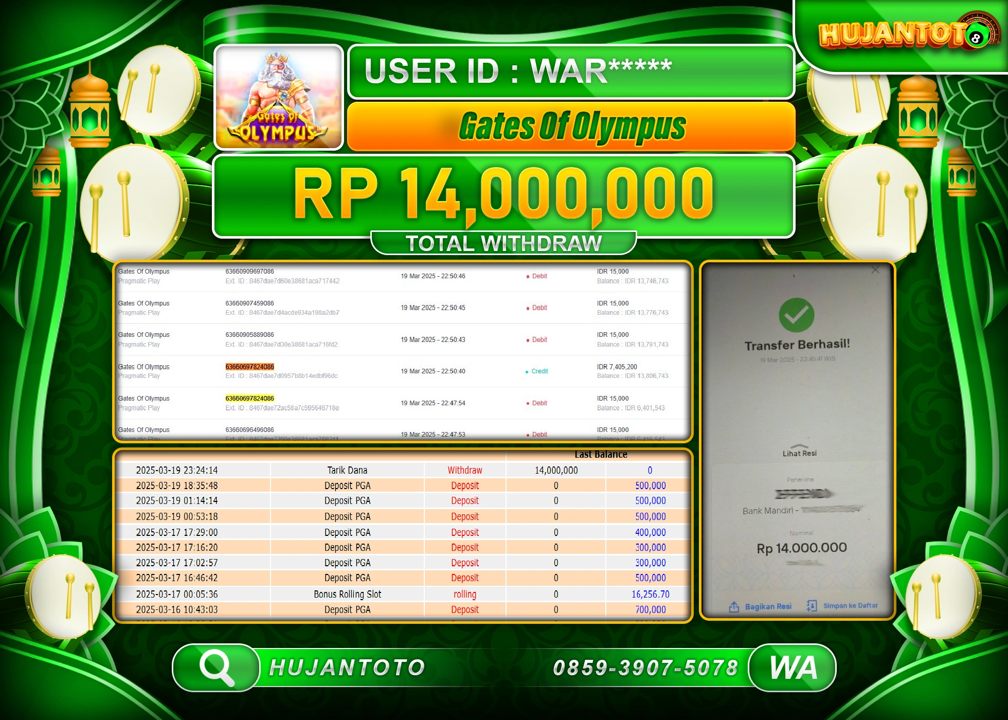 HUJANTOTO - BUKTI JACKPOT MENANG SLOT GATES OF OLYMPUS Rp,14,000,000 - TERBAYAR LUNAS