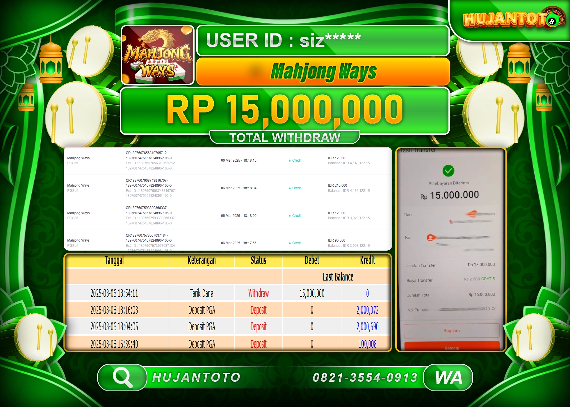 HUJANTOTO - BUKTI JACKPOT MENANG SLOT MAHJONG WAYS Rp,15,000,000 - TERBAYAR LUNAS