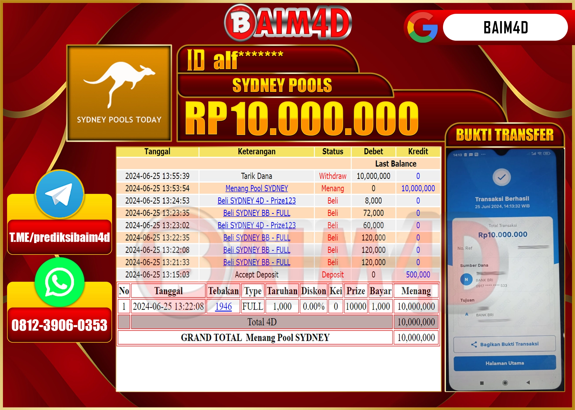 BAIM4D JACKPOT POOLS SYDNEY Rp.10,000,000.- LUNAS