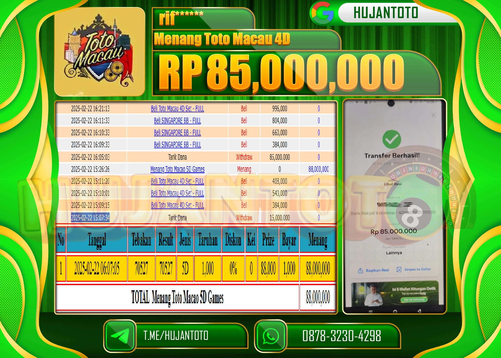 HUJANTOTO - BUKTI JACKPOT MENANG TOGEL TOTO MACAU 4D Rp. 85.000.000 - TERBAYAR LUNAS