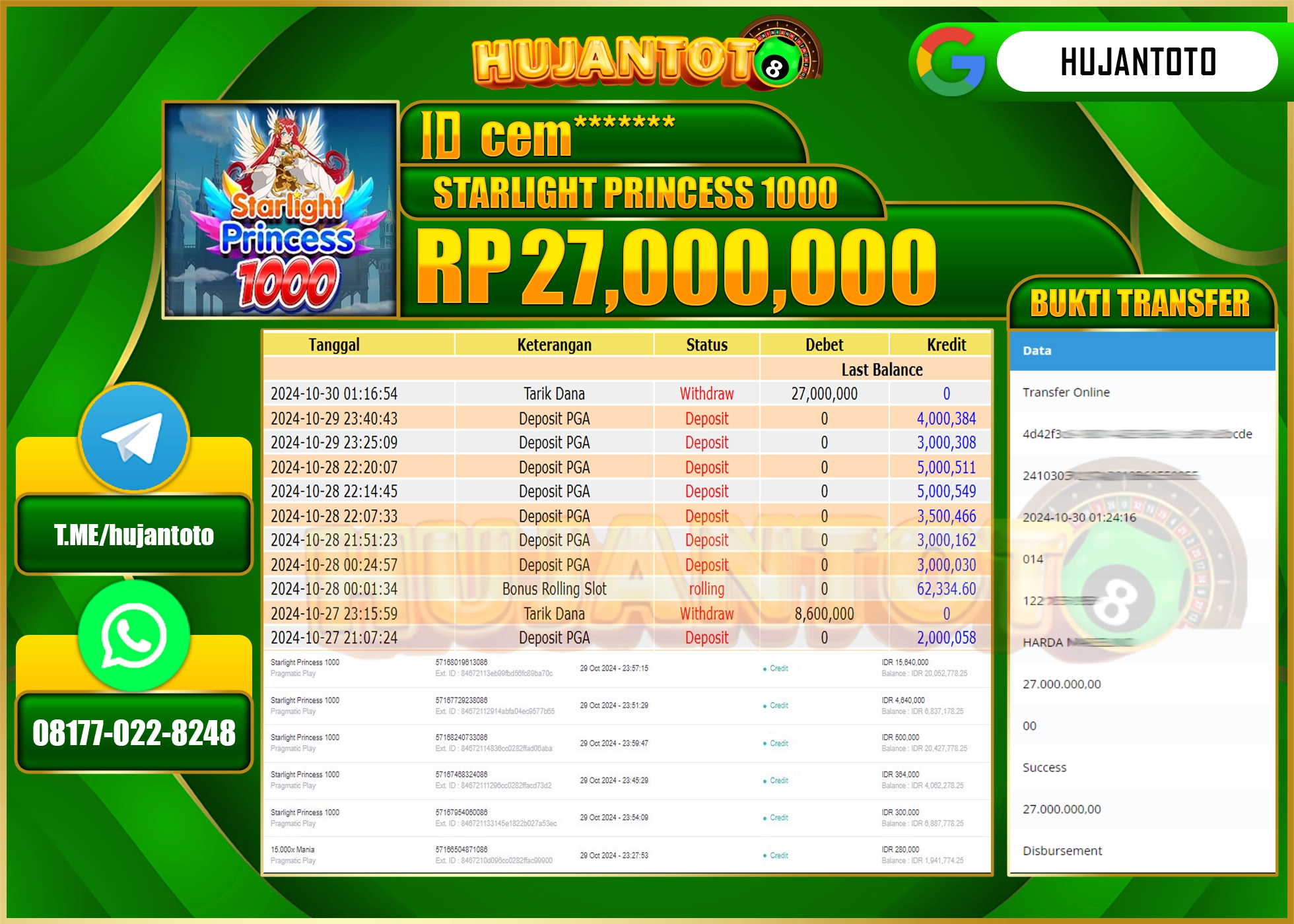 HUJANTOTO MENANG DI PERMAINAN SLOT STARLIGHT PRINCESS 1000 - 27,000,000 - LUNAS