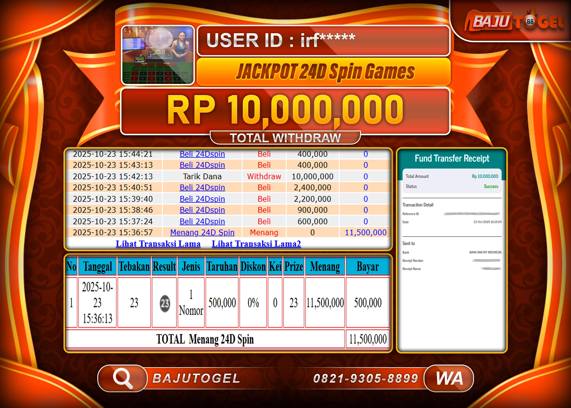 BAJUTOGEL KEMENANGAN  DI  24D SPIN GAMES Rp.10,000,000 LUNAS