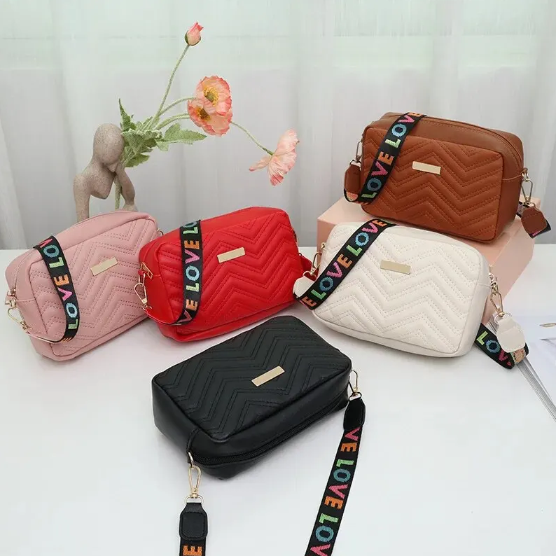  Rilibegan Embroidered Camera Bag PU Material Casual Small Square Bag Versatile Single Shoulder Bag Printed Shoulder Strap 