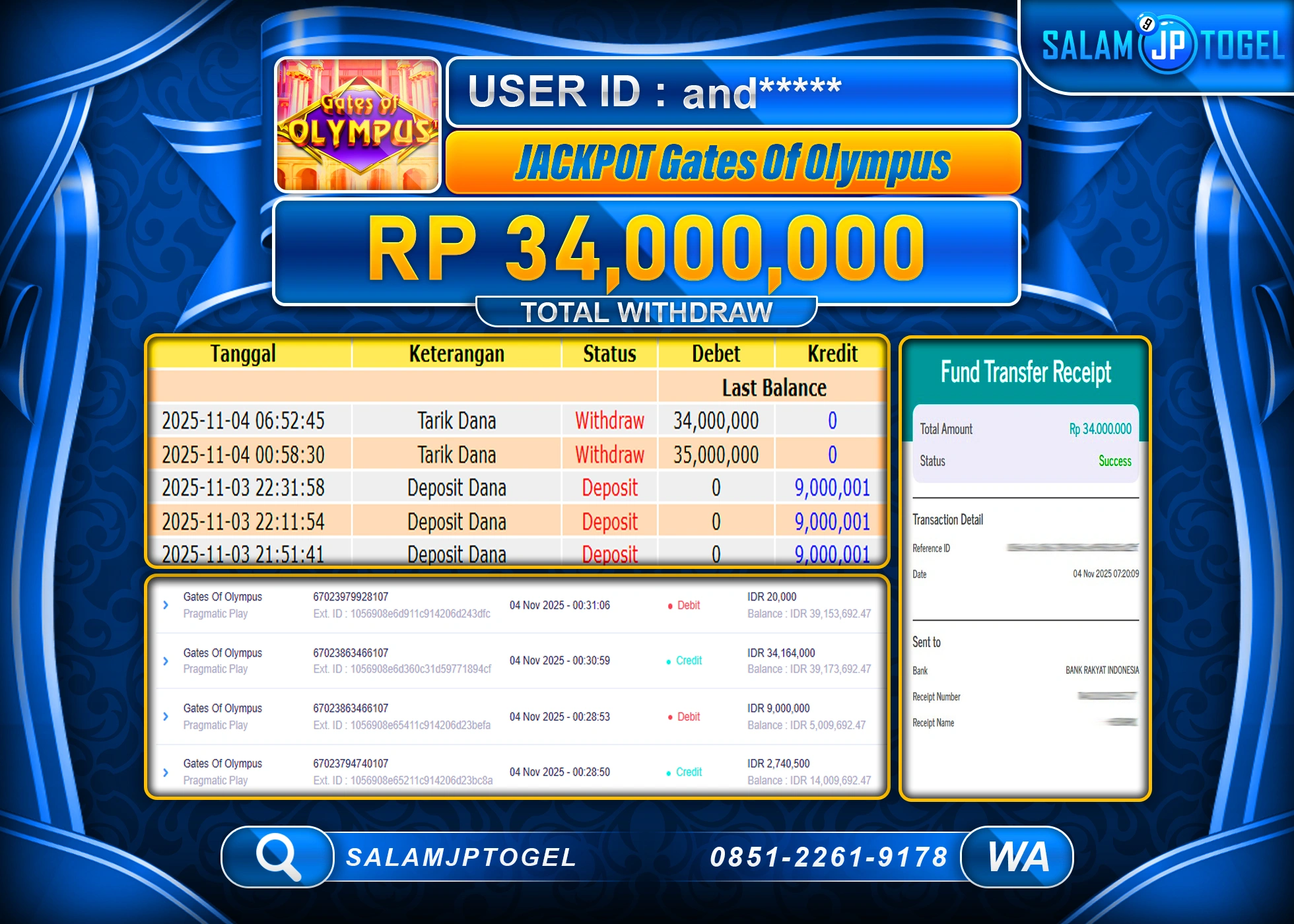 SALAMJPTOGEL JACKPOT GATES OF OLYMPUS Rp.34,000,000  - LUNAS