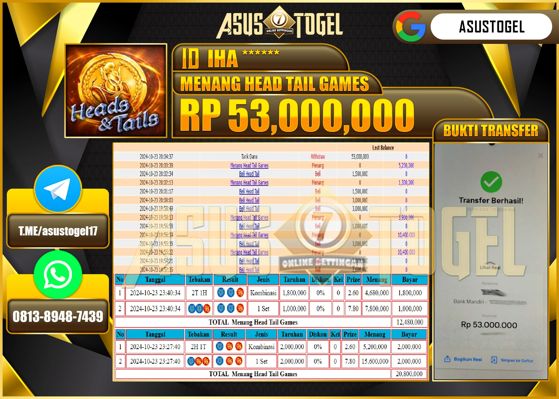 ASUSTOGEL KEMENANGAN DI GAMES MENANG HEAD TAIL  SEBESAR 53,000,000- RUPIAH LUNAS