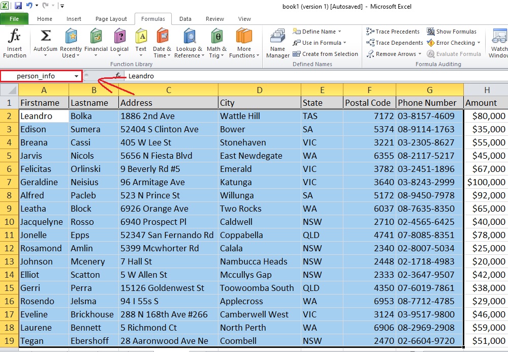 Screenshot of the excel name box example