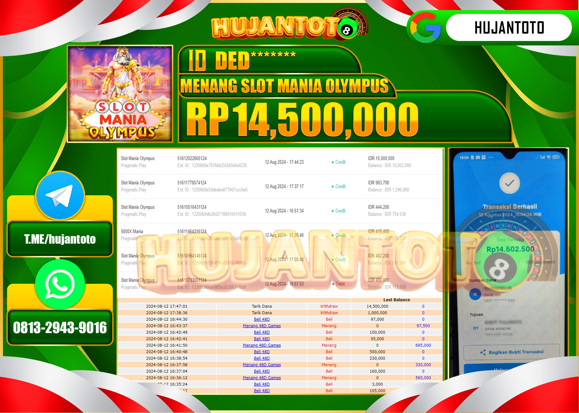 HUJANTOTO MENANG BESAR DI PERMAINAN SLOT MANIA OLYMPUS , 14.500.000  - LUNAS 
