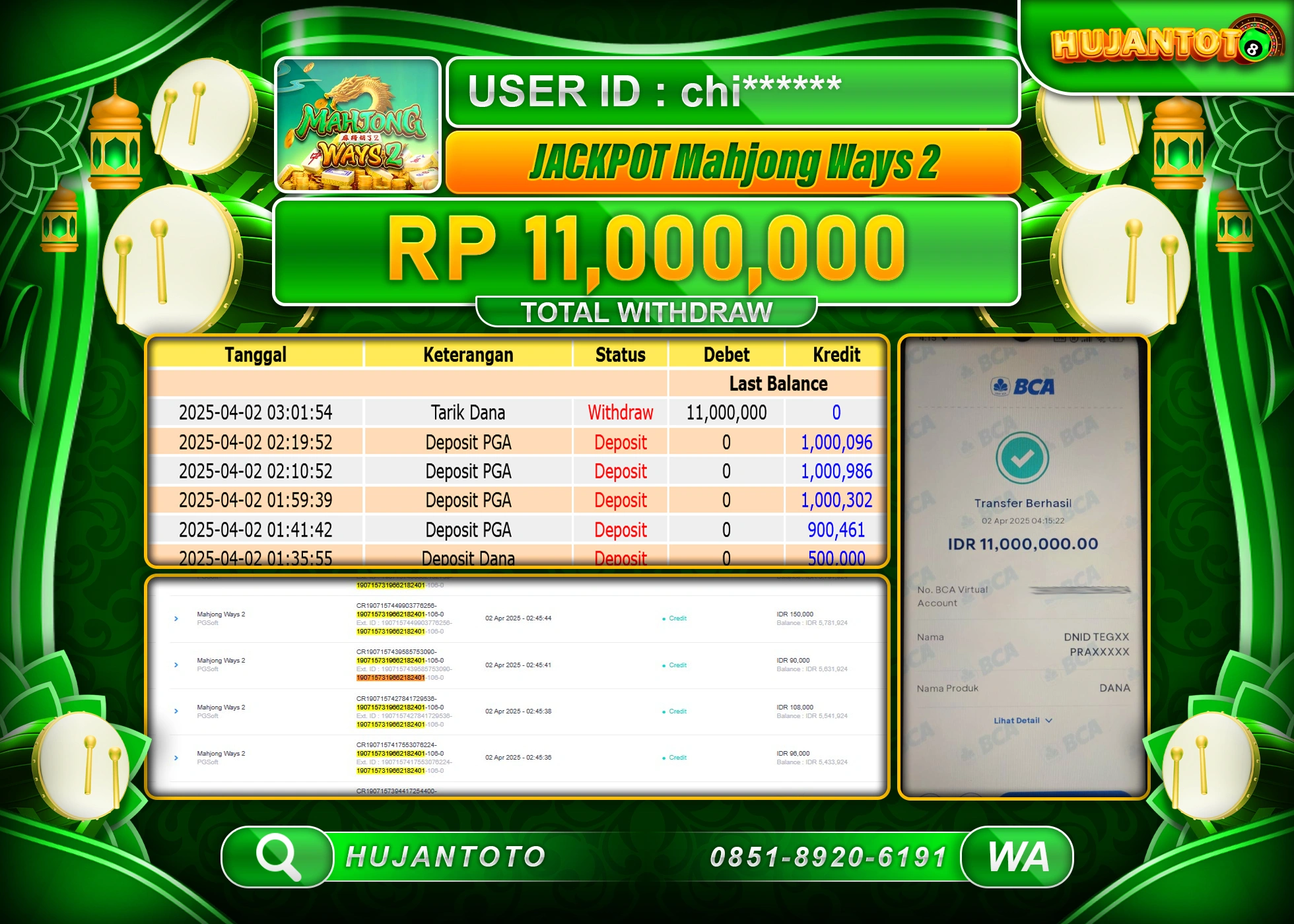 HUJANTOTO - BUKTI JACKPOT MENANG SLOT MAHJONG WAYS 2 Rp.11,000,000 - TERBAYAR LUNAS
