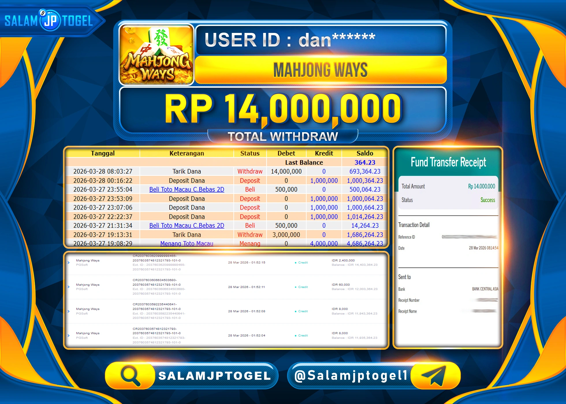 SALAMJPTOGEL MENANG JACKPOT SLOT MAHJONG WAYS PGSOFT  Rp.14,000,000 - LUNAS