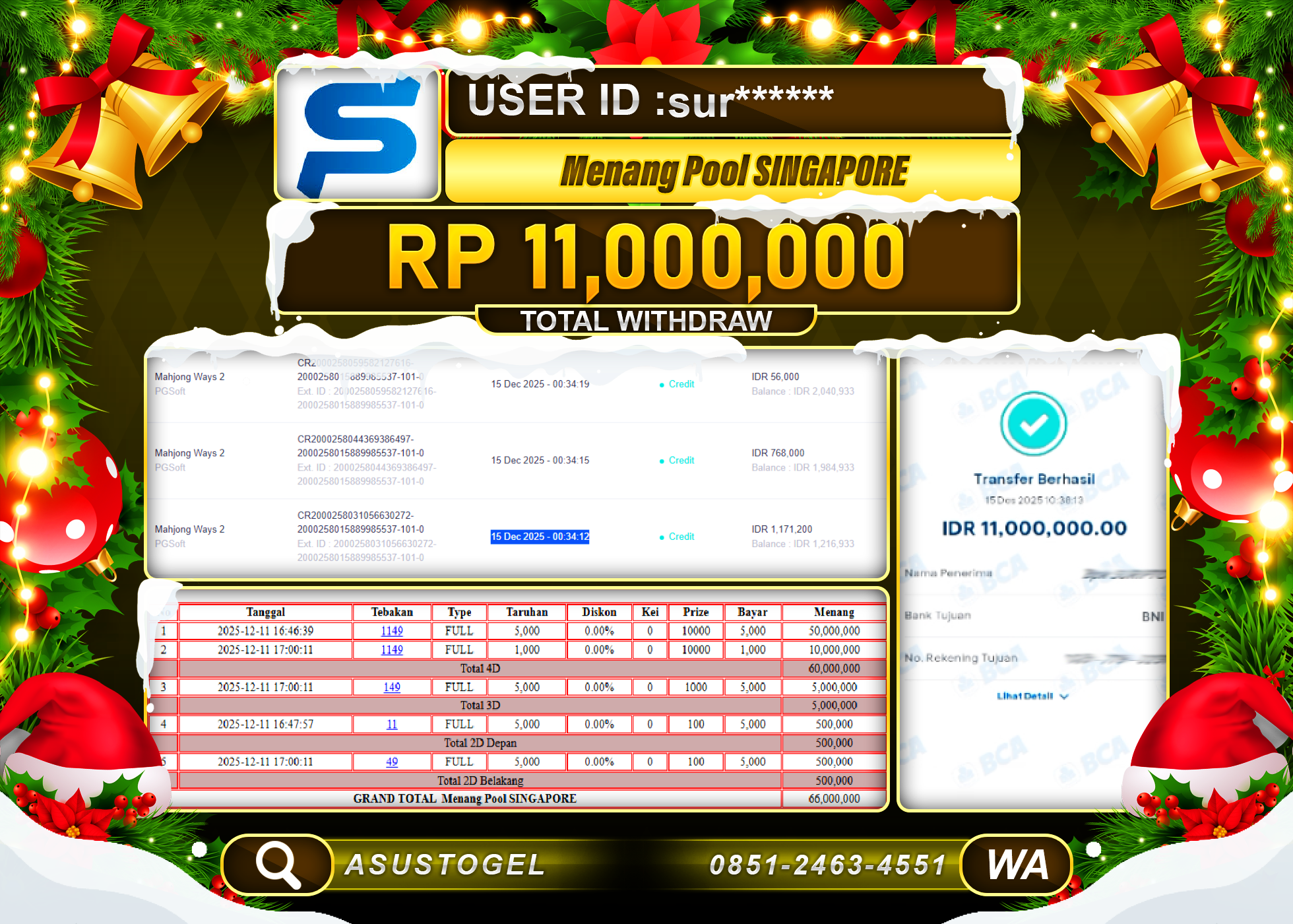 ASUSTOGEL KEMENANGAN DI TOGEL SINGAPORE SEBESAR 11,000,000 - RUPIAH LUNAS