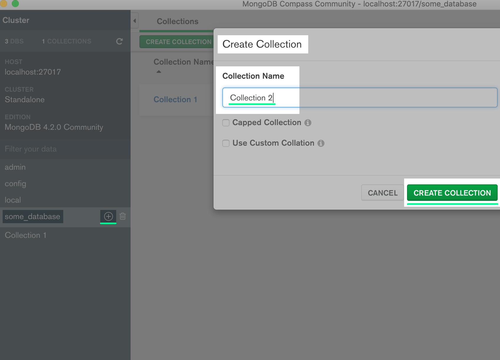 Screenshot of MongoDB Compass UI creating a collection