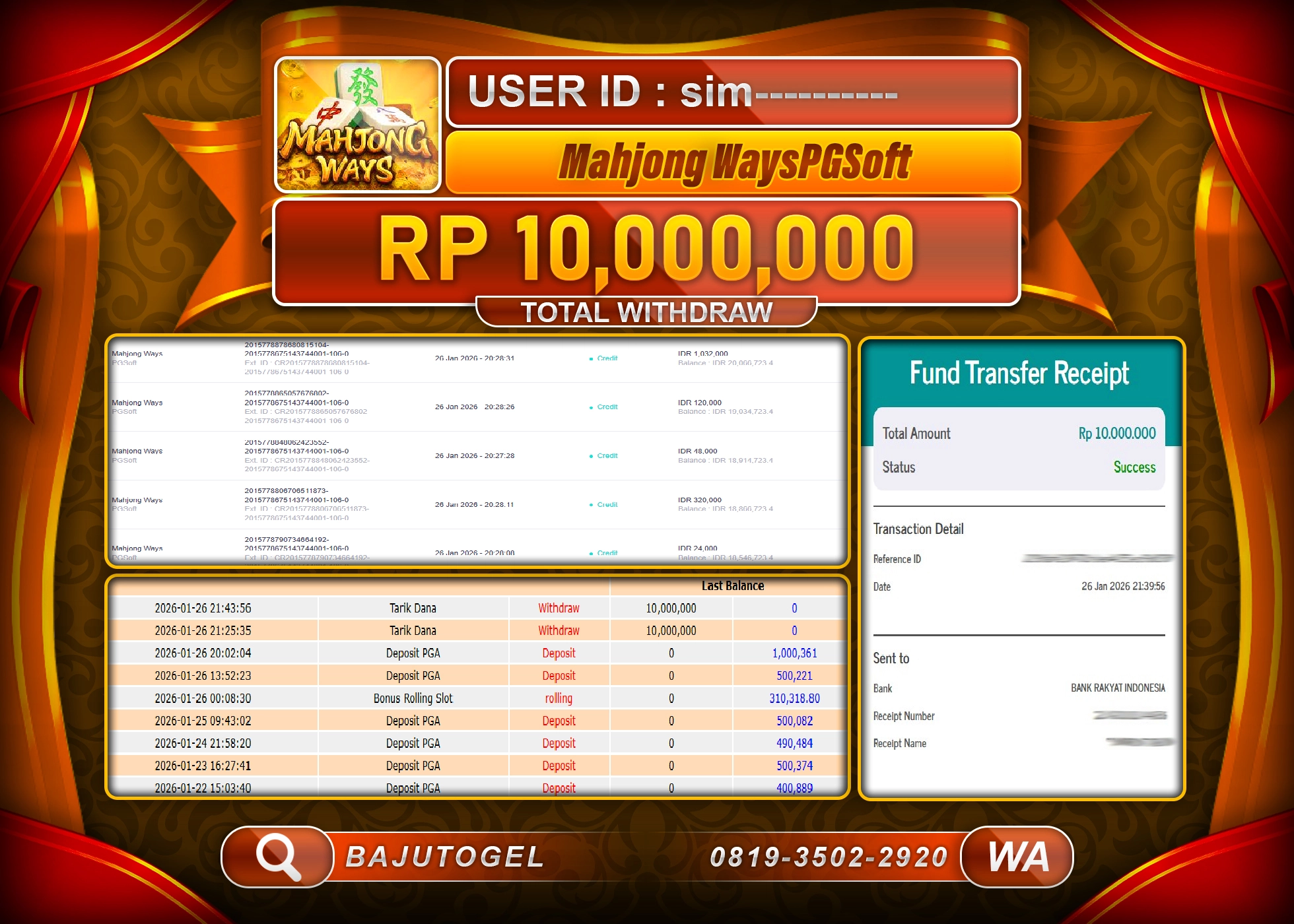 BAJUTOGEL KEMENANGAN JACKPOT DI SLOT PGSOFT MAHJONG WAYS Rp.10,000,000 LUNAS