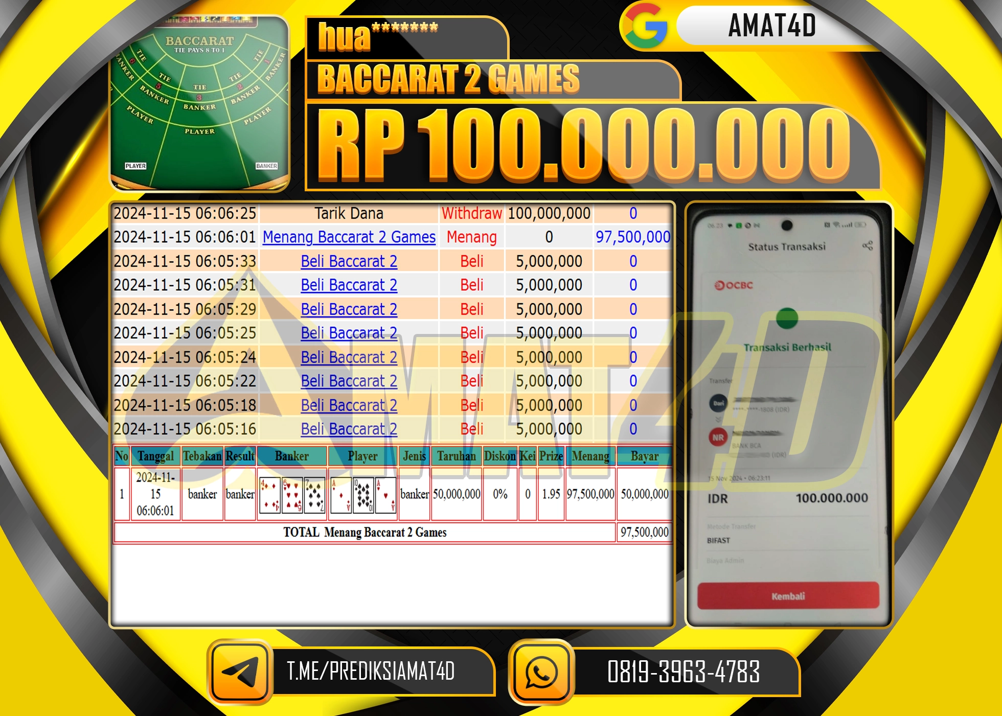AMAT4D KEMENANGAN JACKPOT BACCARAT 2 Rp.100.000.000 BERHASIL TERBAYAR LUNAS !
