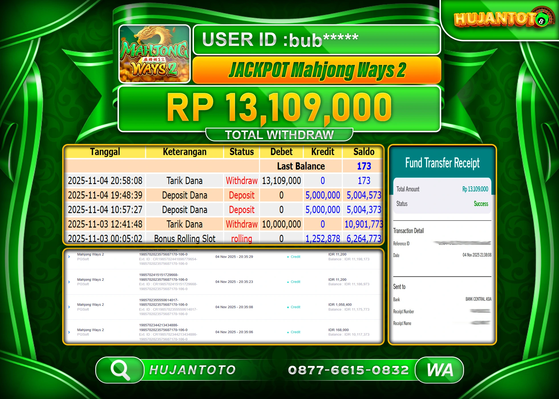 HUJANTOTO - BUKTI JACKPOT MENANG SLOT MAHJONG WAYS 2 Rp.13,109,000 - TERBAYAR LUNAS