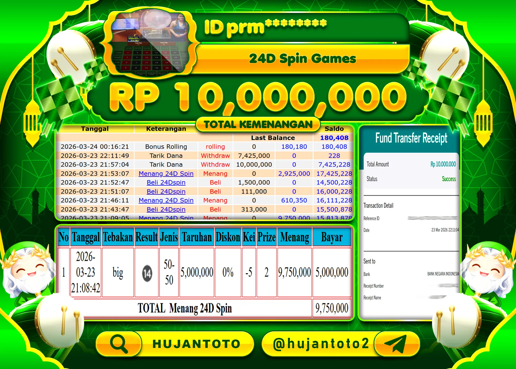 HUJANTOTO - BUKTI JACKPOT MENANG LIVEGAMES 24D SPIN GAMES Rp.10,000,000 - TERBAYAR LUNAS