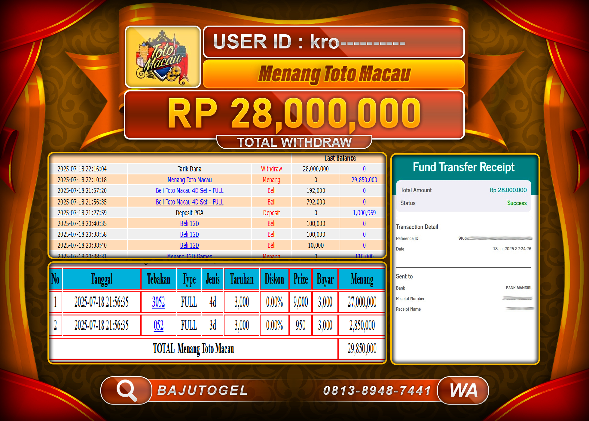 BAJUTOGEL KEMENANGAN DI TOGEL TOTO MACAU Rp.28.000.000 LUNAS