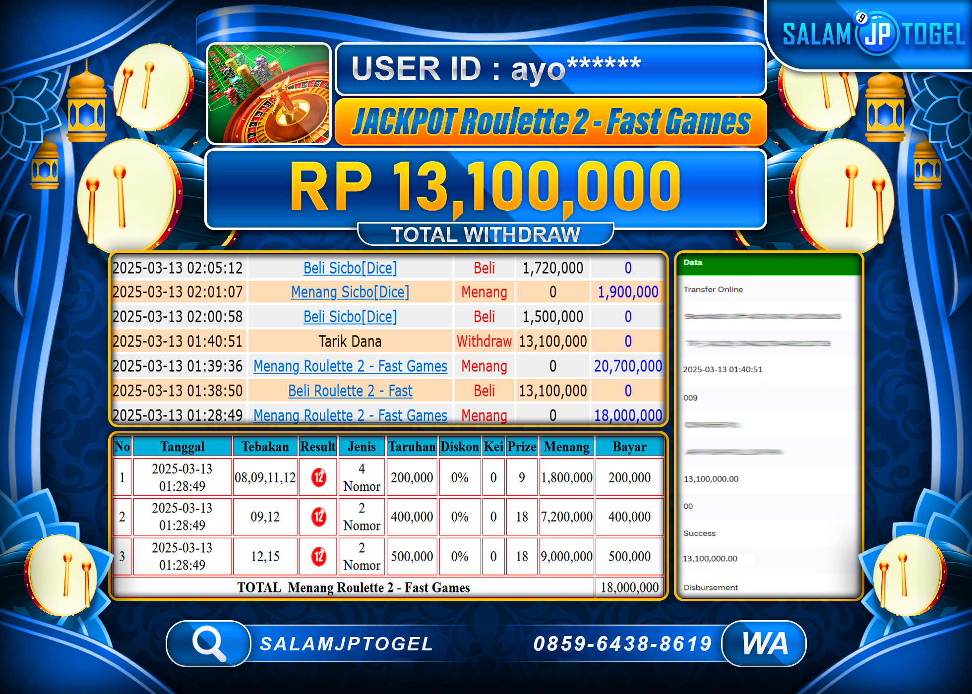 SALAMJPTOGEL MENANG ROULETTE 2 FAST Rp. 13,100,000 LUNAS
