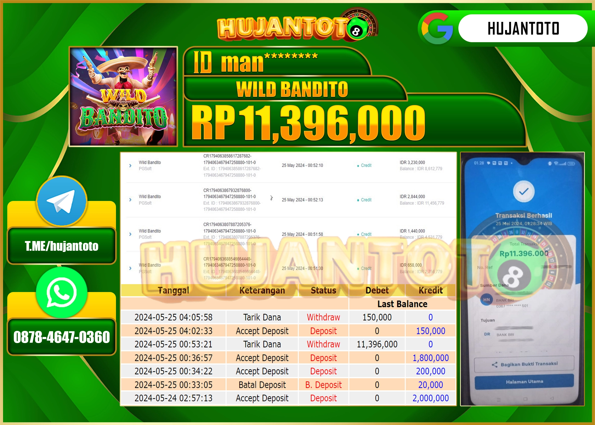 HUJANTOTO MENANG SLOT WILD BANDITO 11.396.000 - LUNAS 