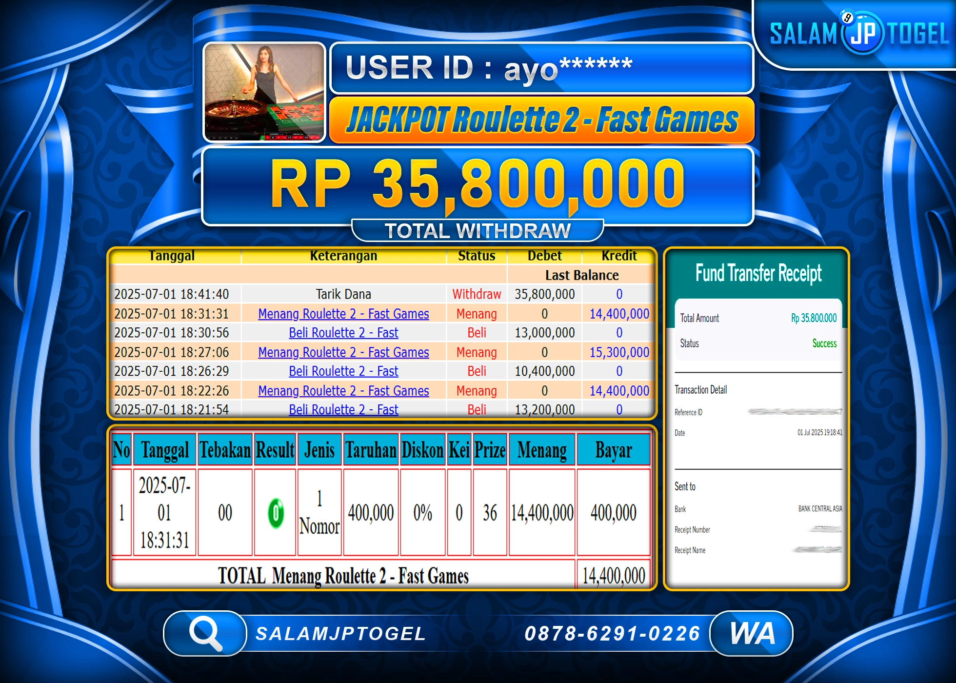 SALAMJPTOGEL MENANG JACKPOT Roulette 2 - Fast Games Rp.35,800,000 LUNAS