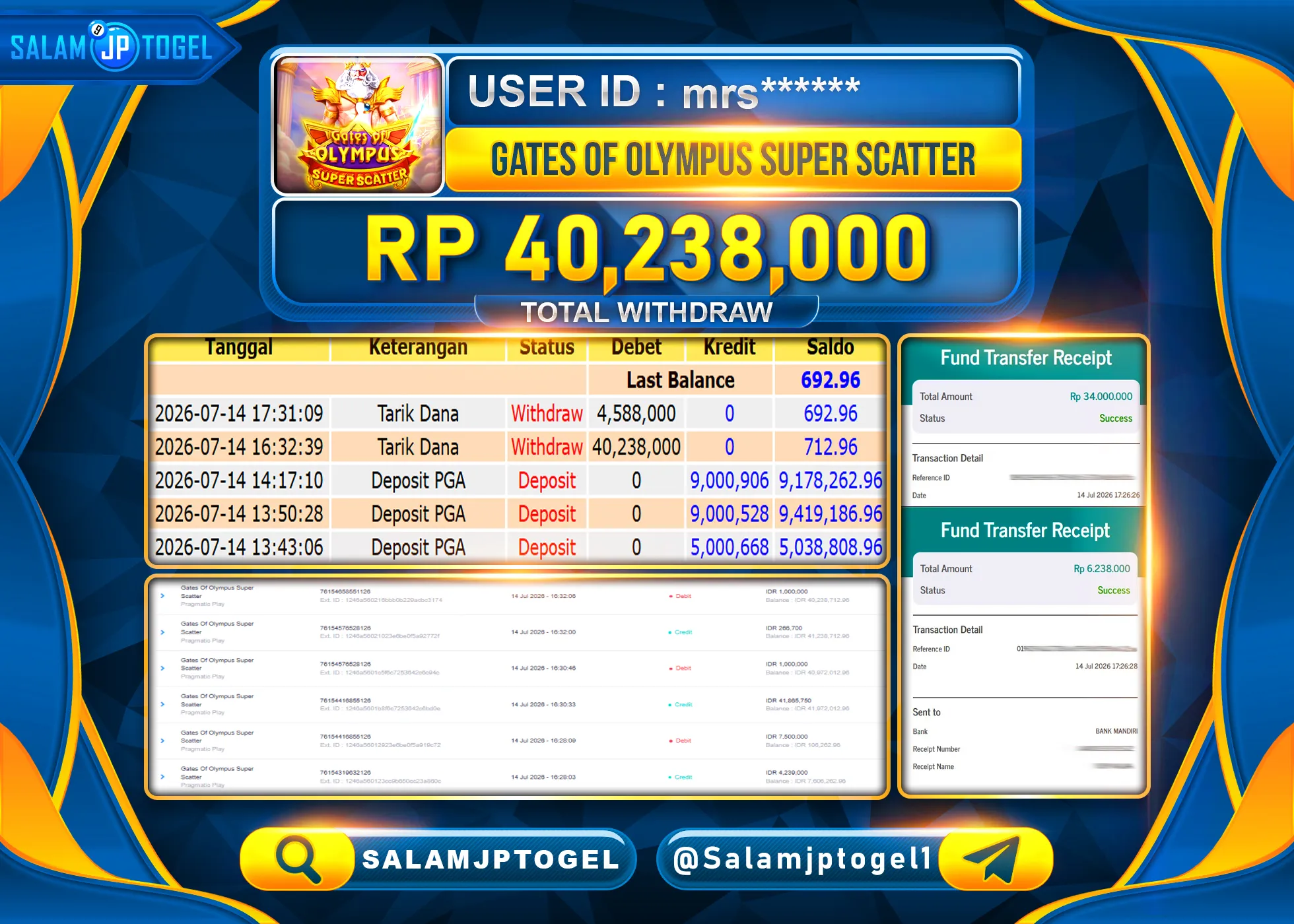 SALAMJPTOGEL JACKPOT MENANG SLOT GATES OF OLYMPUS SUPER SCATTER Rp.40,238,000 - LUNAS