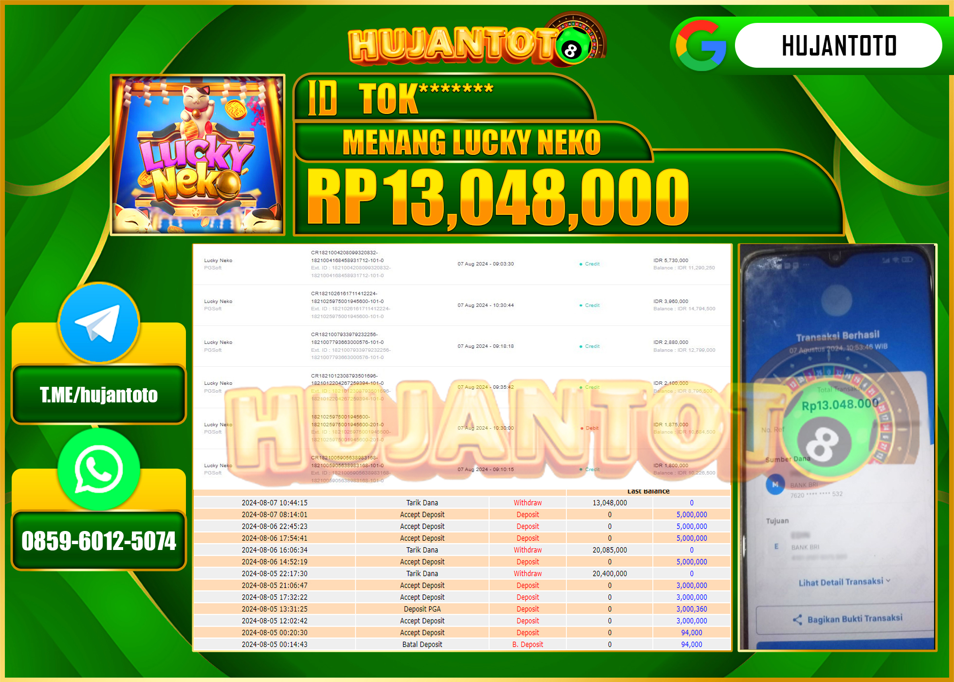 HUJANTOTO MENANG BESAR DI PERMAINAN SLOT LUCKY NEKO PG SOFT 13.048.000 - LUNAS 