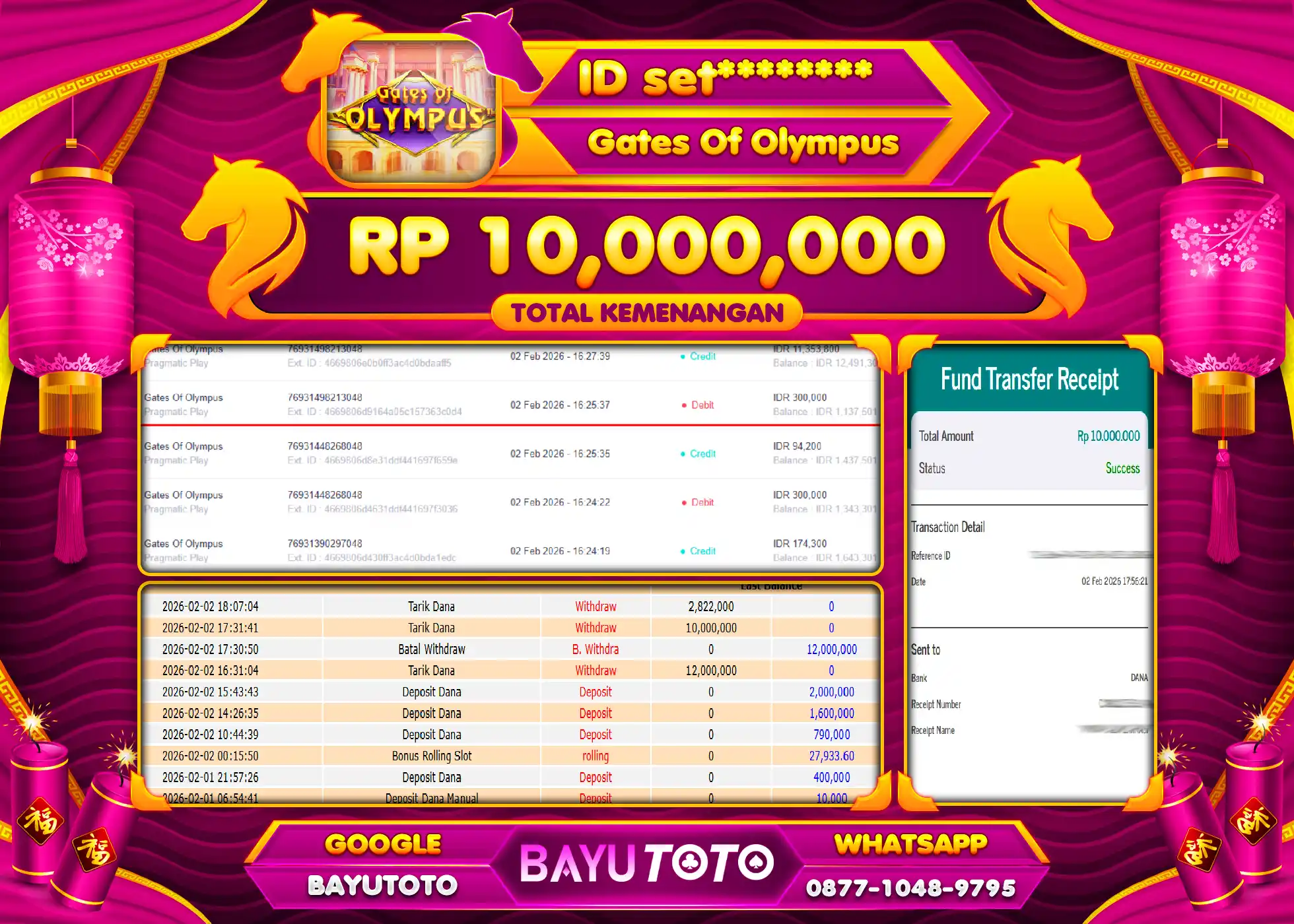 SELAMAT KEPADA MEMBER SETIA BAYUTOTO JACKPOT GAME GATES OF OLYMPUS 1000 Rp. 10,000,000 LUNAS