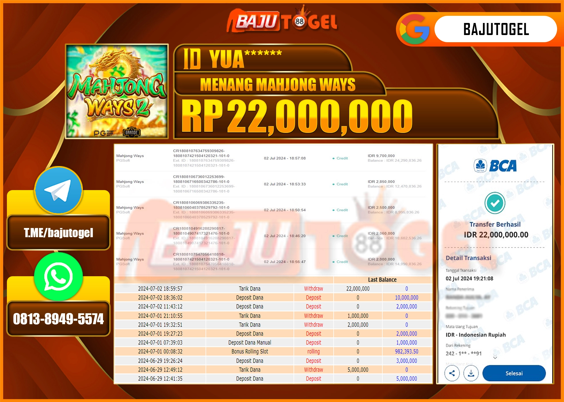 BAJUTOGEL JACKPOT SLOT MAHJONG WAYS Rp.22.000.000 LUNAS