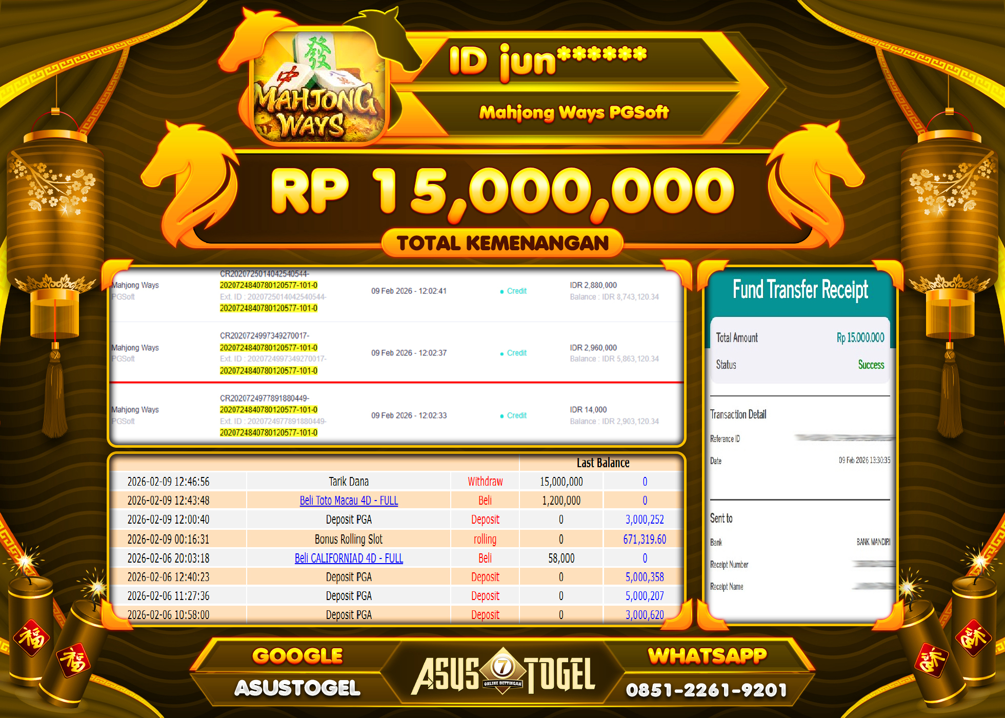 ASUSTOGEL KEMENANGAN DI SLOT MAHJONG WAYS SEBESAR 15,000,000 - RUPIAH LUNAS