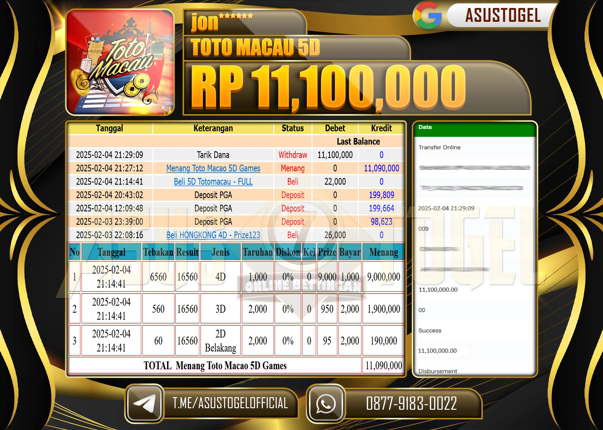 ASUSTOGEL KEMENANGAN DI TOGEL TOTO MACAU 5D SEBESAR 11,100,000 - RUPIAH LUNAS