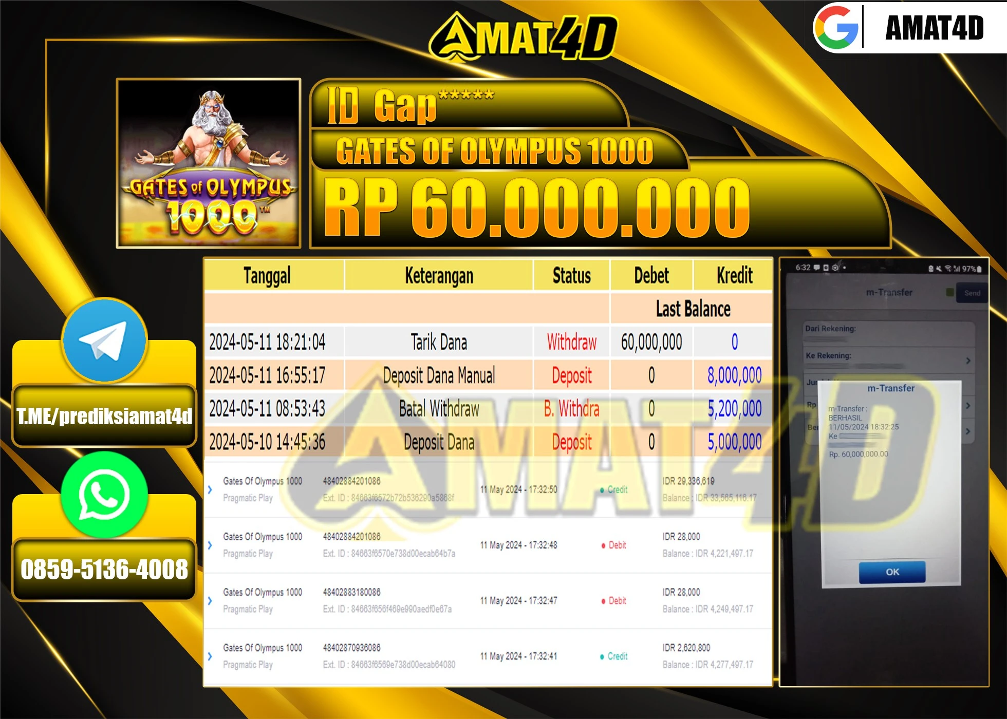AMAT4D JACKPOT SLOT GATES OF OLYMPUS 1000 Rp.60.000.000 BERHASIL DI BAYAR LUNAS