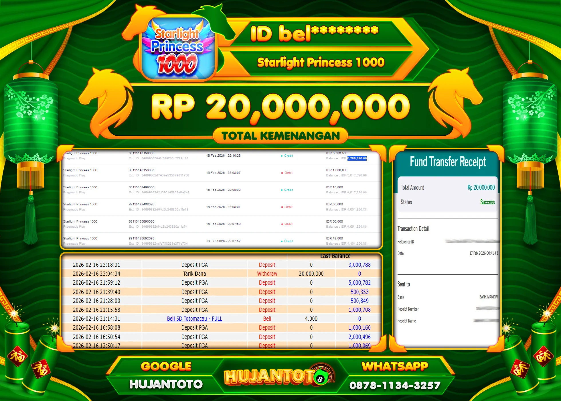 HUJANTOTO - BUKTI JACKPOT MENANG SLOT STARLIGHT PRINCESS 1000 Rp.20,000,000 - TERBAYAR LUNAS