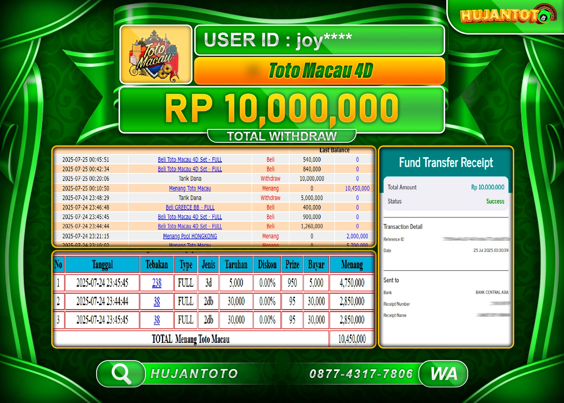 HUJANTOTO - BUKTI JACKPOT MENANG TOGEL TOTO MACAU 4D Rp.10,000,000 - TERBAYAR LUNAS