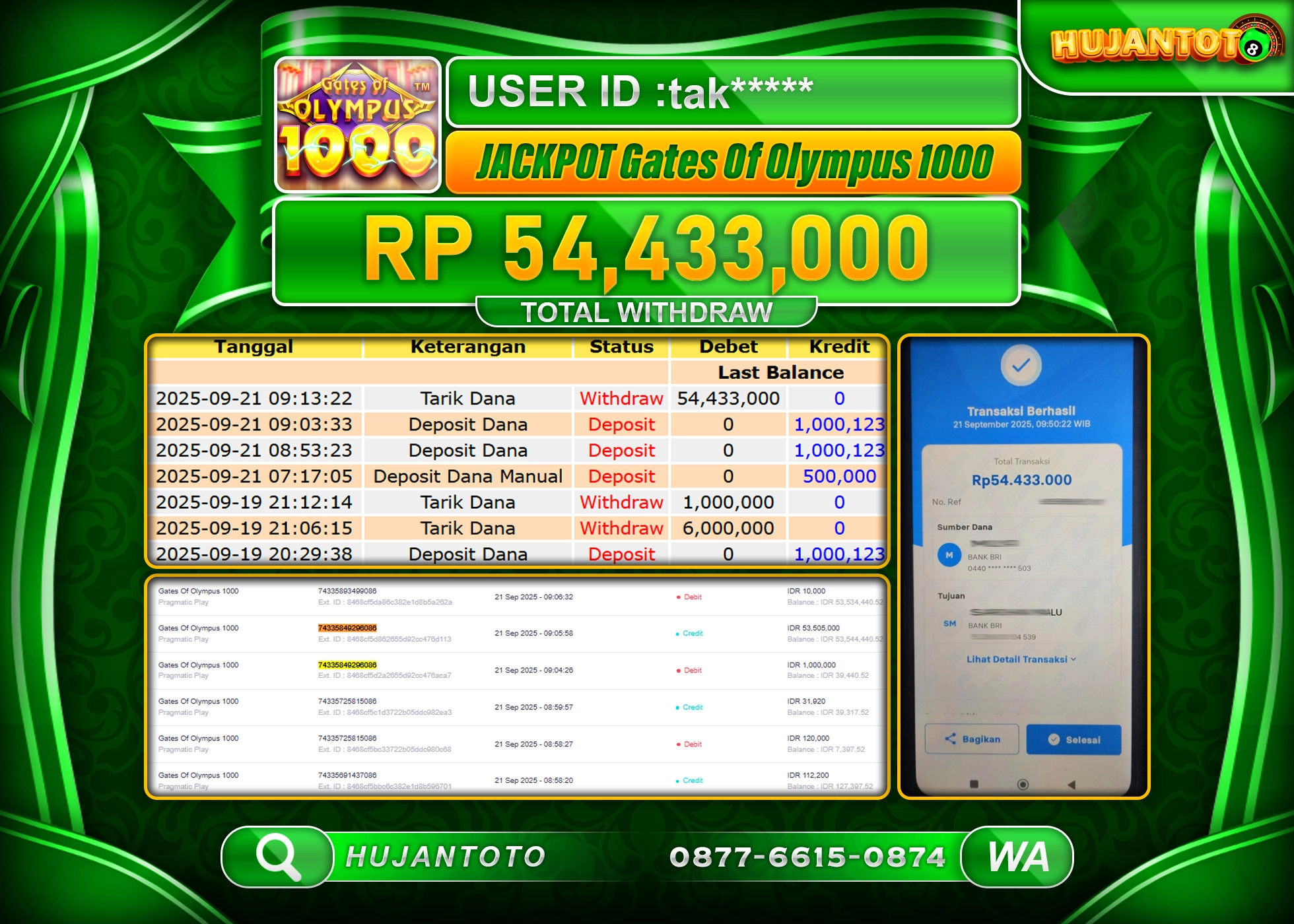 HUJANTOTO - BUKTI JACKPOT MENANG SLOT GATES OLYMPUS 1000 Rp.54,433,000 - TERBAYAR LUNAS