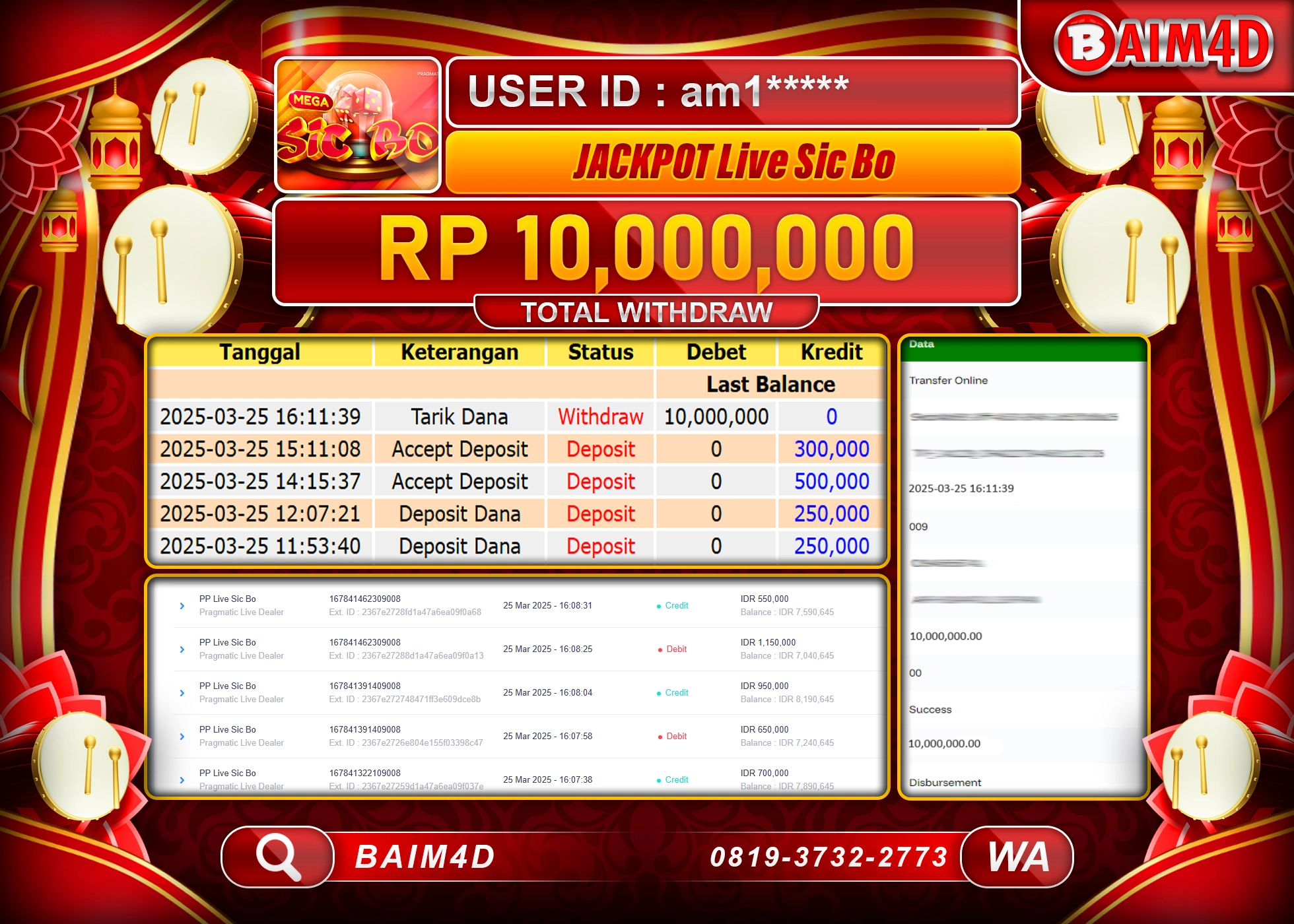 BAIM4D MENANG JACKPOT Live Sic Bo  Rp.10.000,000.- LUNAS