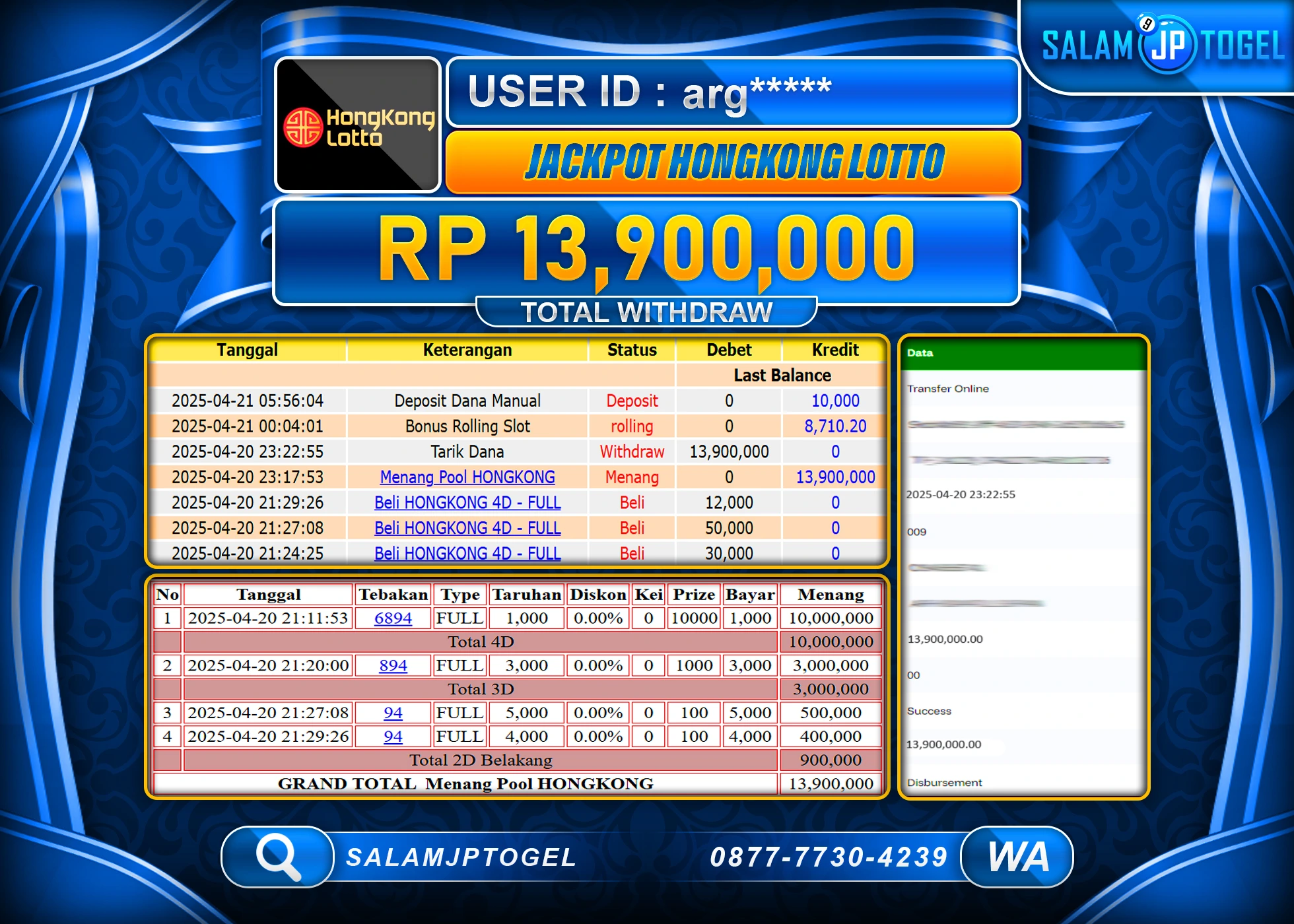 SALAMJPTOGEL MENANG HONGKONG LOTTO Rp.13,900,000 LUNAS