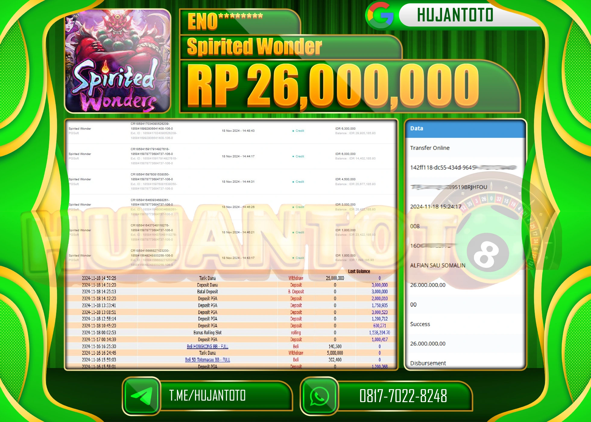 HUJANTOTO MENANG DI RAIH DI  SLOT SPIRITED WONDER SEBESAR - 26,000,000 - LUNAS