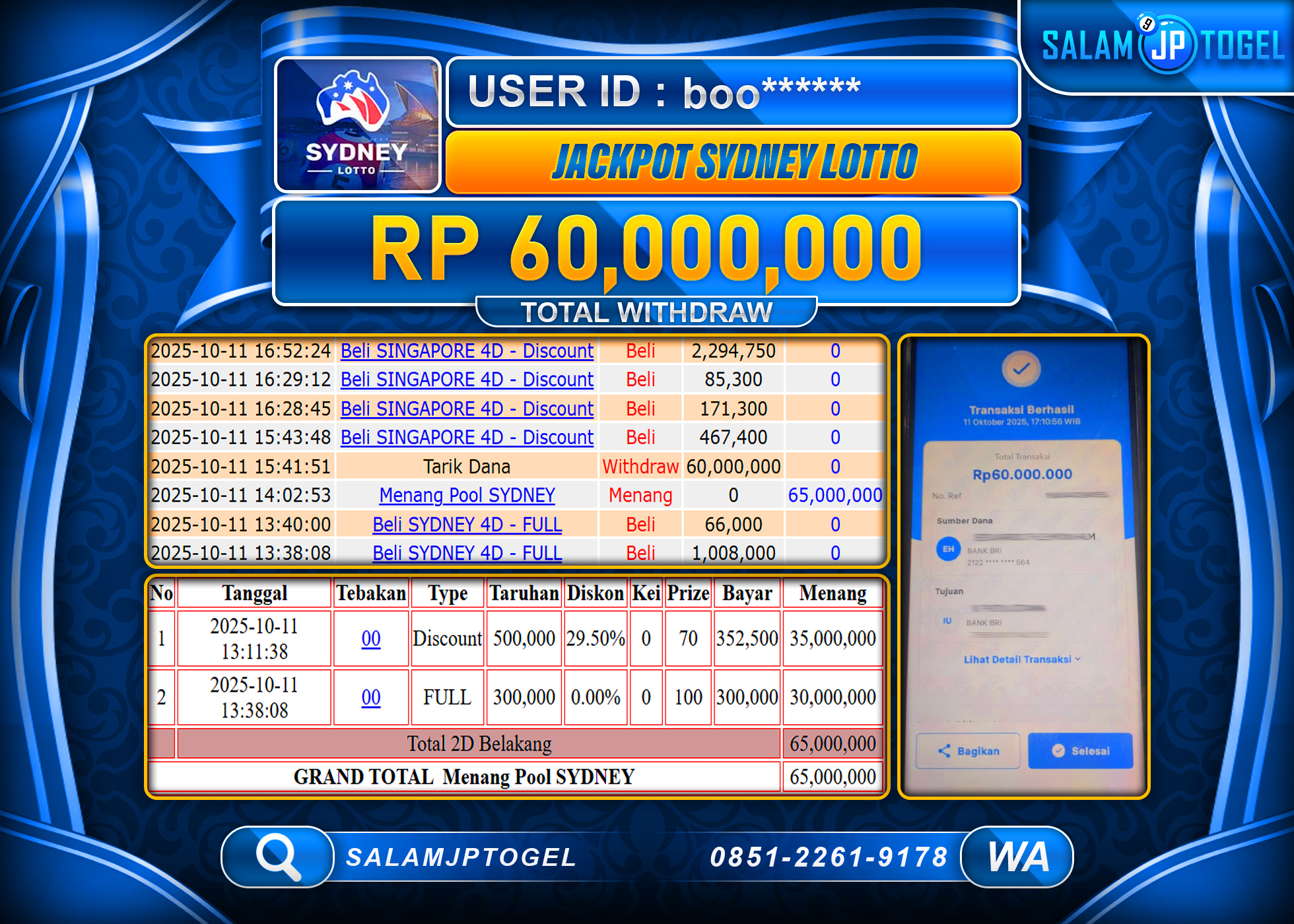 SALAMJPTOGEL MENANG JACKPOT SYDNEY LOTTO Rp.60,000,000  - LUNAS