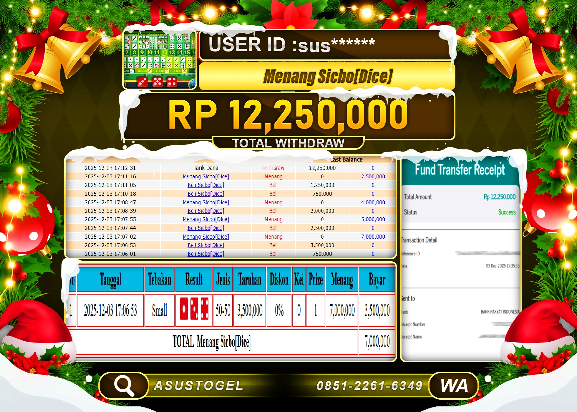 ASUSTOGEL KEMENANGAN DI LIVEGAMES SICBO(DICE) SEBESAR 12,250,000 - RUPIAH LUNAS