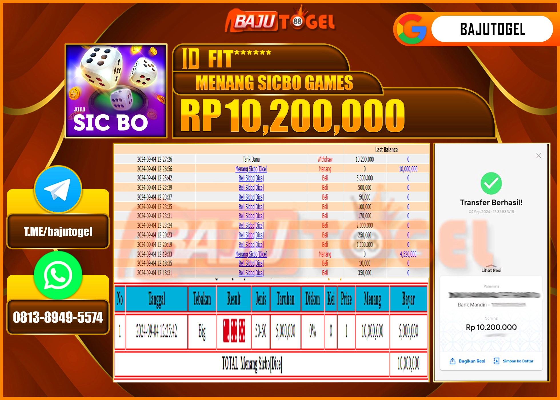BAJUTOGEL JACKPOT LIVE KASINO SICBO GAMES Rp.10.200.000 LUNAS