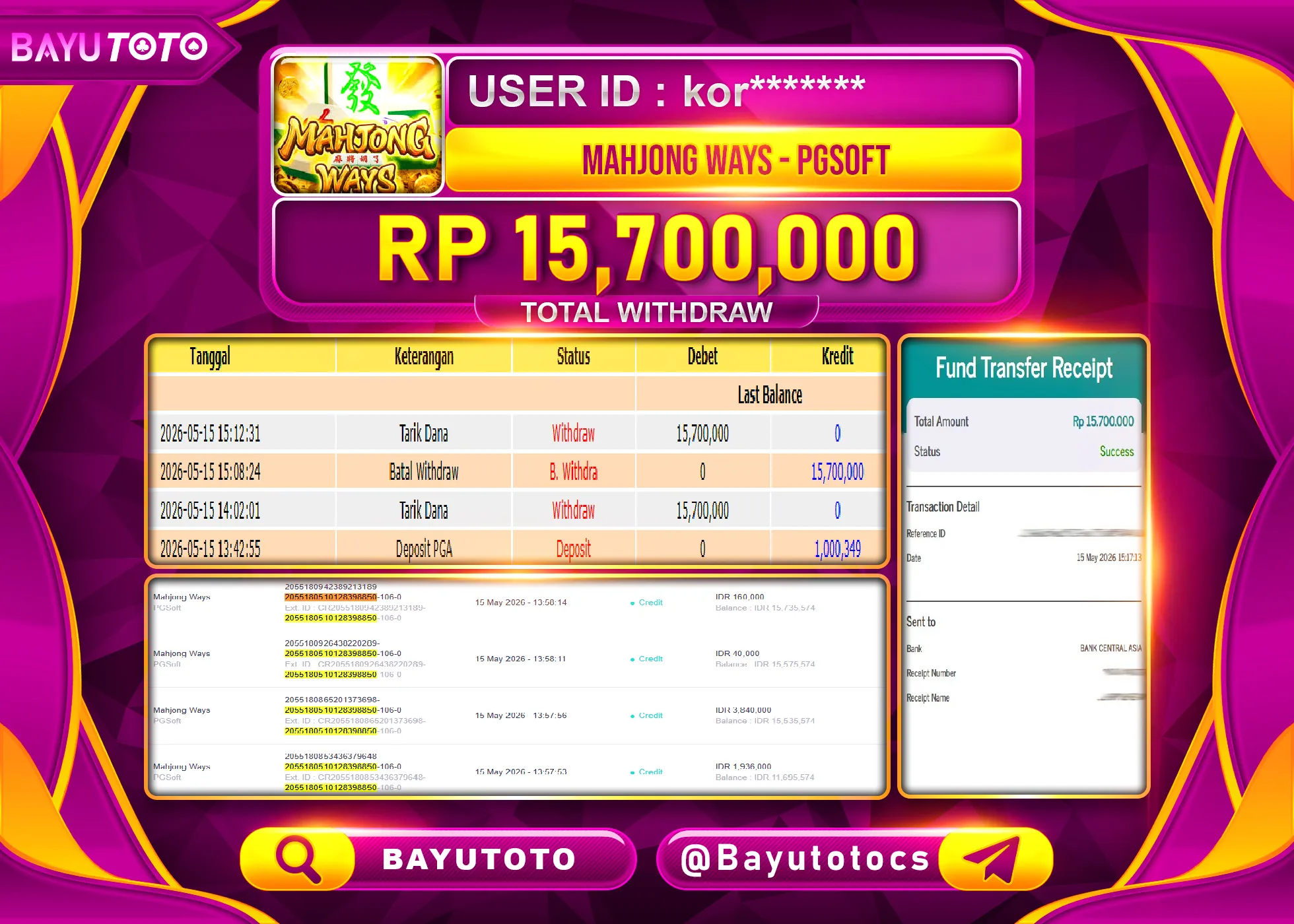 SELAMAT MEMBER SETIA BAYUTOTO JACKPOT DI SLOT MAHJONG WAYS (PGSOFT) Rp. 15,700,000 LUNAS