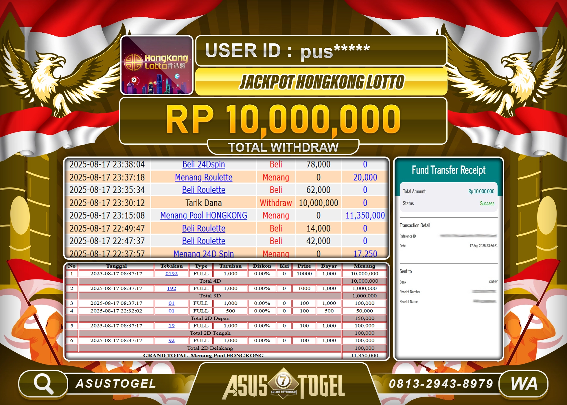 ASUSTOGEL KEMENANGAN DI TOGEL HONGKONG LOTTO SEBESAR 10,000,000- RUPIAH LUNAS