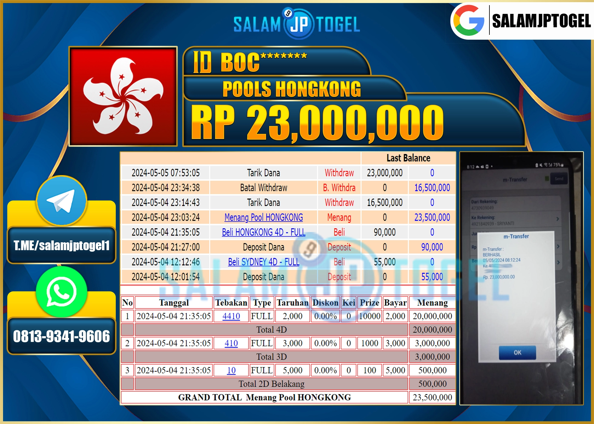 SALAMJPTOGEL  MENANG HONGKONG RP.23,000,000.,- LUNAS