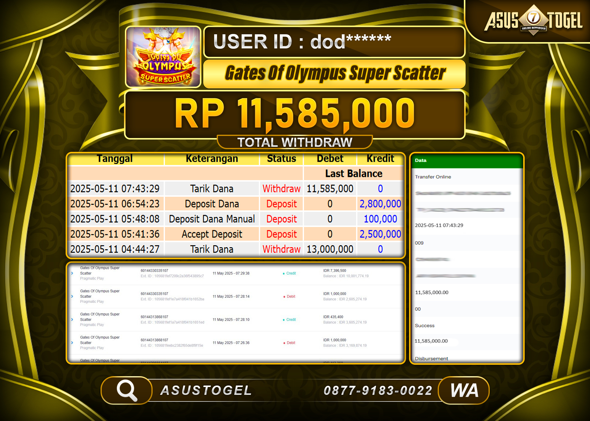 ASUSTOGEL KEMENANGAN DI SLOT GATES OF OLYMPUS SUPER SCATTER SEBESAR 11,585,000- RUPIAH LUNAS