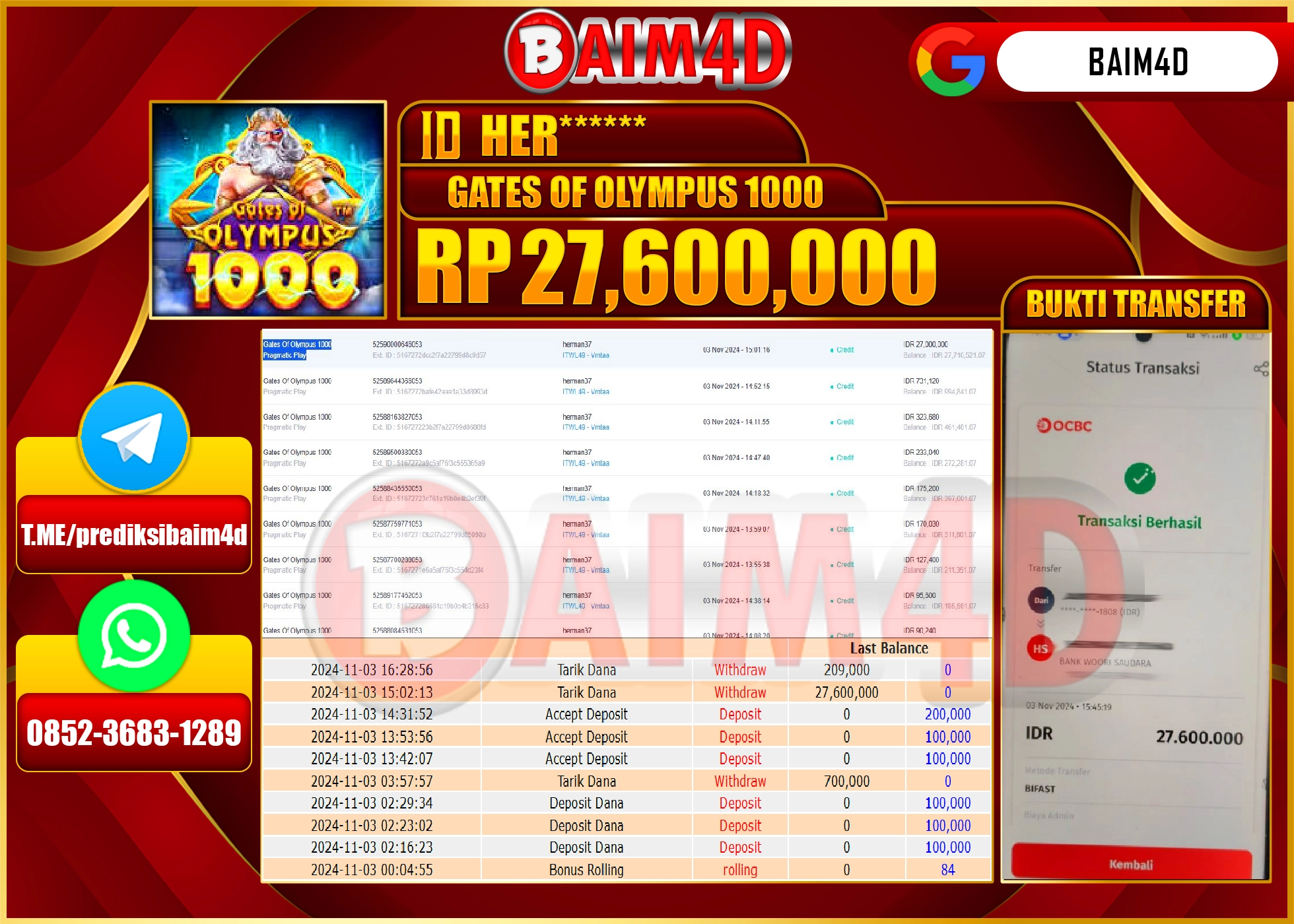 BAIM4D JACKPOT Slot Gate Olympus 1000 Bonus Rp.27,600,000.- LUNAS