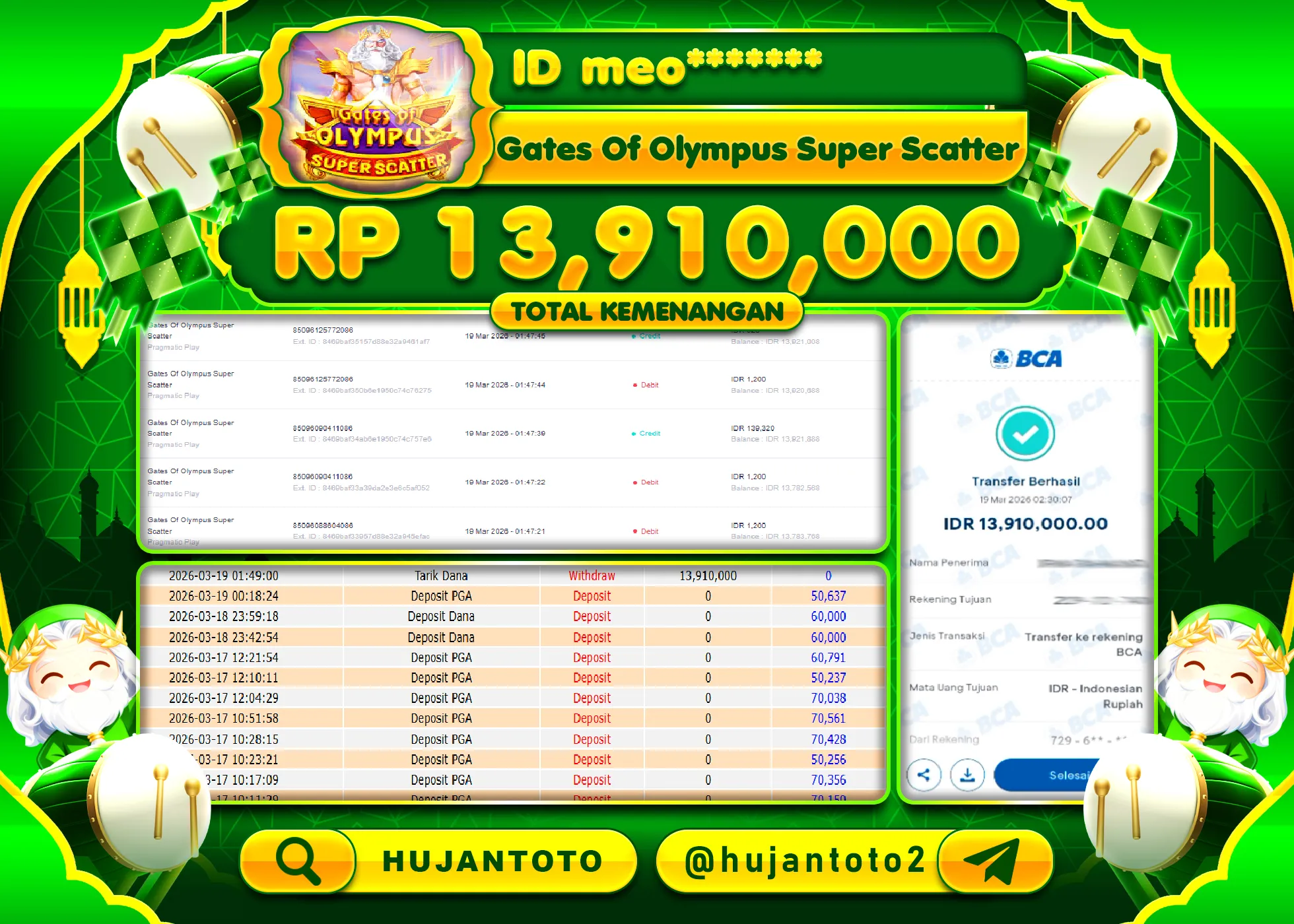 HUJANTOTO - BUKTI JACKPOT MENANG SLOT GATES OF OLYMPUS SUPER SCATTER Rp.13,910,000 - TERBAYAR LUNAS