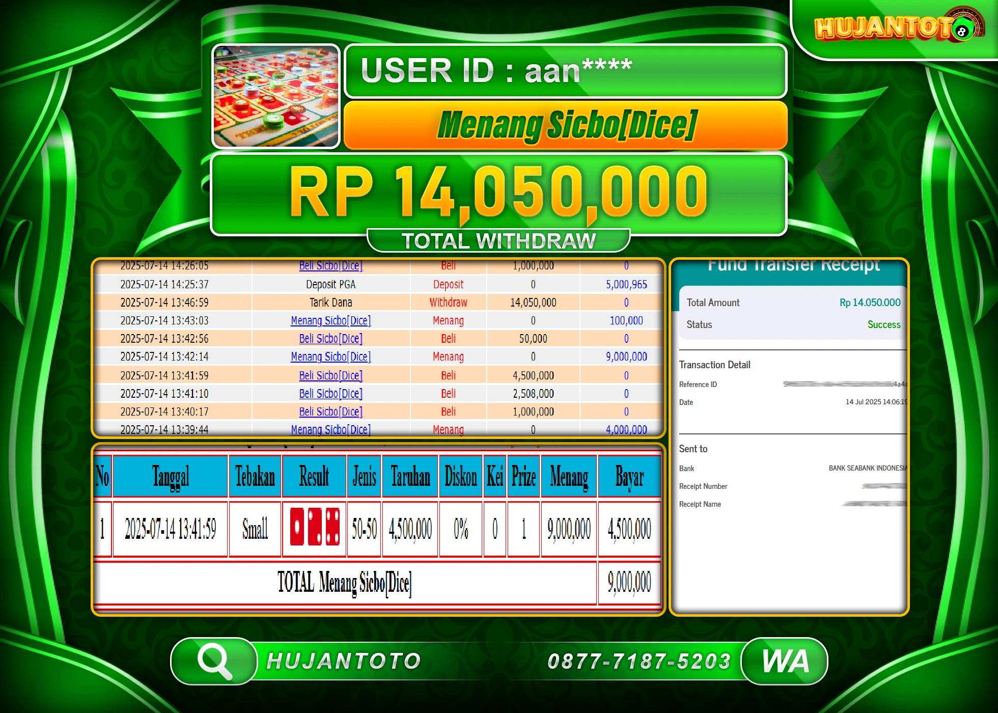 HUJANTOTO - BUKTI JACKPOT MENANG LIVE GAMES SICBO DICE Rp.14,050,000 - TERBAYAR LUNAS